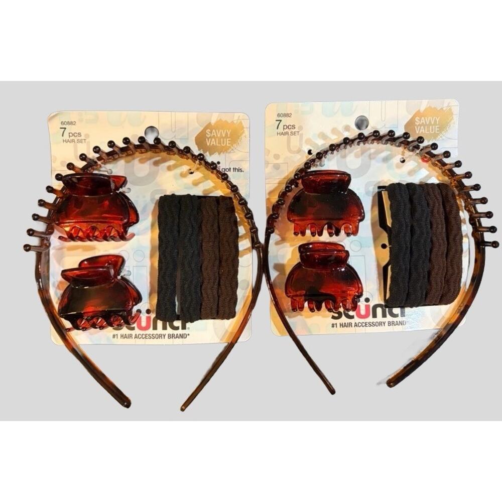 Scunci 7 Pc Hair Accessory Set 2 Packs Headband Claw Clips Elastics Brown